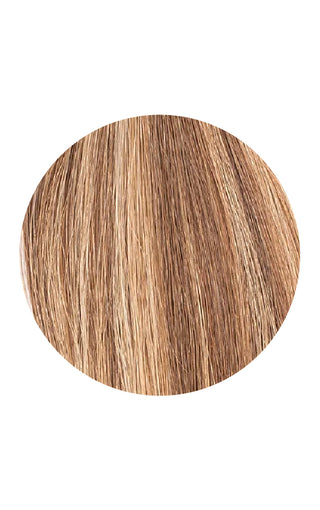 Straight blonde highlighted hair extension swatch example in a circle on a white background.