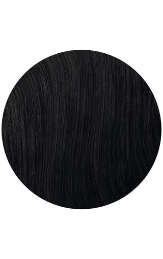 Jet Black highlights hair extensions on a white background with hand flowing through the hair