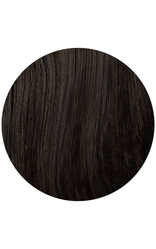 An example of a swatch with natural black highlights on a hair extension, set against a white background.