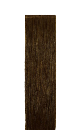 Two dark brown tape in hair extensions of amber amore colored, set on a white background.