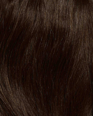 A close-up of dark chocolate brown hair extensions, showcasing their rich color and smooth texture.