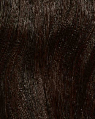 A close-up of dark ash brown hair extensions, showcasing the rich, deep color and smooth texture of the strands.