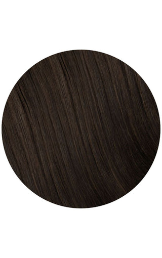Dark brown hair extesions swatch on a white background.