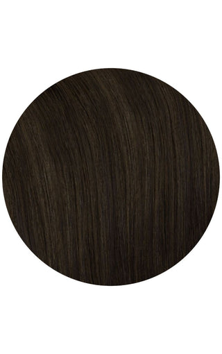 A close-up of a circle of dark brown Espresso hair extesion on a white background