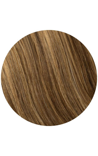 Honey Bronze with caramel highlights swatch of hair strand example on a white background