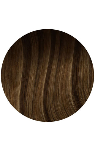 Close up look of Mocha Bronde Balayage hair extension swatch example on a white background