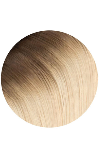 A circle of hair extensions made from brown and blonde hair, Glam Seamless Santa Monica extension against a white background