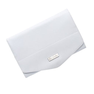 A sleek white leather wallet featuring a prominent silver logo, showcasing elegance and modern design.