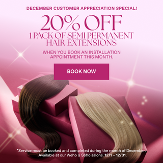 Promotional banner featuring a package of semi-permanent hair extensions with a 20% discount offer.